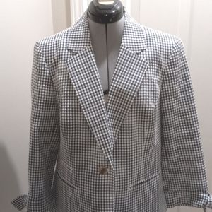 Anne Klein Sz Med, Navy/White Searsucker Checked Blazer, One Button, Tie Sleeve